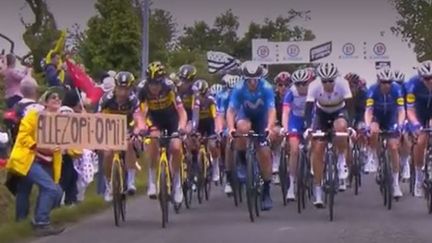 La spectatrice avait fait chuter une partie du peloton avec sa pancarte le 26 juin 2021.&nbsp; (CAPTURE ECRAN FRANCE TELEVISION)