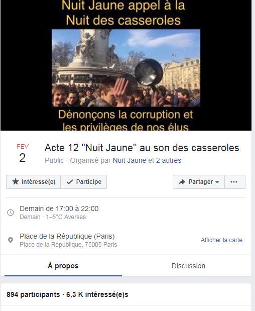Un évènement sur Facebook appelle à une "nuit jaune" à Paris, le 2 février 2019. (FACEBOOK)