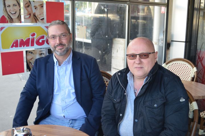 Alain Mondino et Didier Boulain, membres du Rassemblement national, à Tremblay-en-France le 28 mai 2019. (CAMILLE ADAOUST / FRANCEINFO)