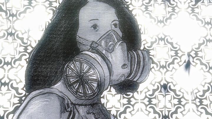 La jeune fille au masque à gaz, oeuvre de street art de Gaspard Lieb suite à l'incendie de l'usine Lubrizol à Rouen (France 3 Rouen)