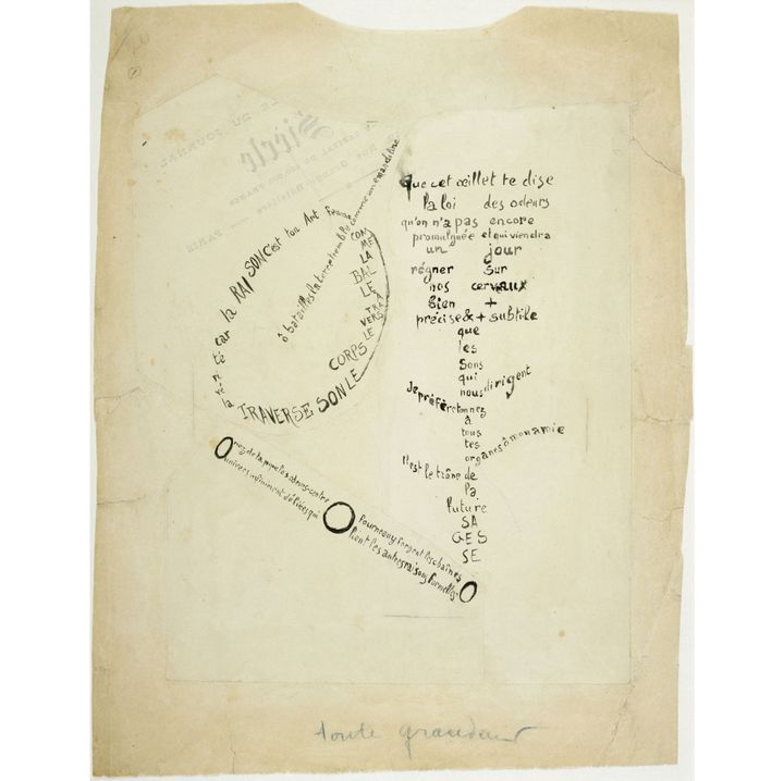 Guillaume Apollinaire, "La Mandoline, l'Oeillet et le Bambou", calligramme de la série "Etendards", 1914-1915, Paris, Musée national d'art moderne - Centre Georges Pompidou
 (Centre Pompidou, MNAM-CCI, Dist. RMN-Grand Palais / Adam Rzepka)