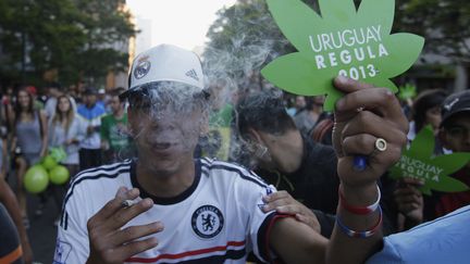 Des personnes participent &agrave; une manifestation avant que la loi l&eacute;galisant le cannabis ne soit vot&eacute;e en Uruguay, le 10 d&eacute;cembre 2013, &agrave; Montevideo. (ANDRES STAPFF / REUTERS)