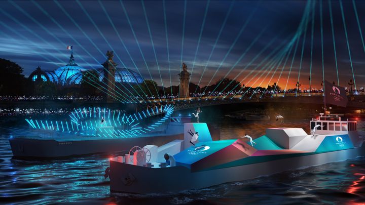 Les barges de spectacle imaginées pour la cérémonie d'ouverture des Jeux olympiques de Paris 2024. (Paris 2024 / Florian Hulleu)