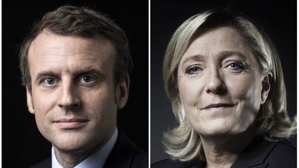 Montage de portraits d'Emmanuel Macron et de Marine Le Pen. (JOEL SAGET / AFP)