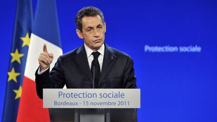 Nicolas Sarkozy &agrave; Bordeaux (Gironde) lors de son discours sur le th&egrave;me de la fraude sociale, le 15 novembre 2011. (PIERRE ANDRIEU / AFP)