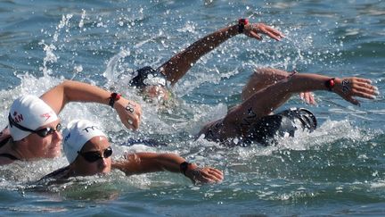 Des nageuses prennent part à un test du parcours du marathon en eau libre de Rio, au Brésil, le 23 août 2015. (TASSO MARCELO / AFP)