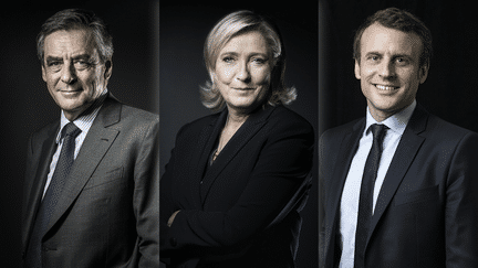 Trois des candidats à l'élection présidentielle : François Fillon, Marine Le Pen et Emmanuel Macron. (AFP / FRANCEINFO)