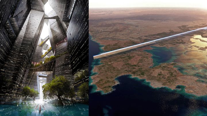Modélisations 3D de la ville The Line (à gauche) et d’une vue aérienne de l’infrastructure (à droite). (NEOM - AFP)