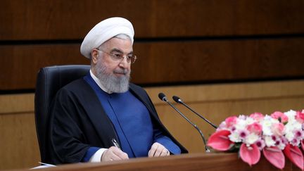 Le président iranien Hassan Rohani lors d'une cérémonie&nbsp;à Téhéran, le 10 avril 2021. (IRANIAN PRESIDENCY/HANDOUT / ANADOLU AGENCY / AFP)