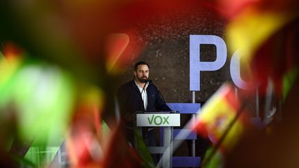 Santiago Abascal,&nbsp;leader du parti d'extrême droite espagnol Vox lors de son dernier meeting de campagne le 26 avril 2019 à Madrid.&nbsp; (OSCAR DEL POZO / AFP)