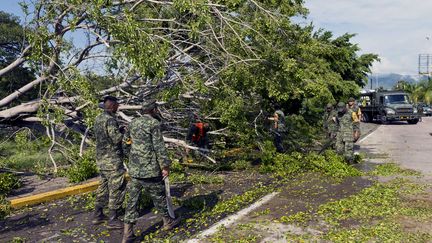 Des soldats mexicains dégagent la route entravée par des arbres à Manzanillo. L'ouragan Patricia, rétrogradé en tempête tropicale, a frappé les côtes mexicaines le 24 octobre. (OMAR TORRES / AFP)