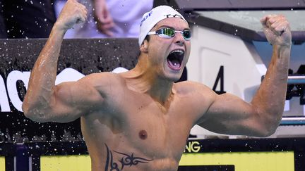 Florent Manaudou apr&egrave;s sa victoire en 100 m nage libre, le 22 ao&ucirc;t 2014 lors des championnats d'Europe de natation de Berlin (Allemagne). (TOBIAS SCHWARZ / AFP)