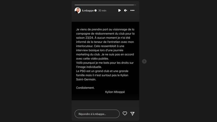 Le message très clair de Kylian Mbappé, posté sur son compte instagram le 6 avril 2023. (@K.MBAPPE / INSTAGRAM)