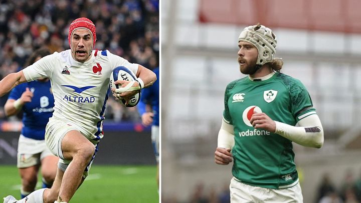 L'ailier français Gabin Villière et l'Irlandais Mack Hansen. (FRANCK FIFE / AFP ET NIALL CARSON MAXPPP)