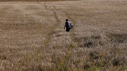 Un soldat ukrainien dans un champ de blé de la région de Donetsk (Ukraine), le 7 octobre 2022. (ANATOLII STEPANOV / AFP)