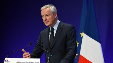 Bruno Le Maire s'exprime lors d'une conférence de presse à Paris, le 8 avril 2021. (ERIC PIERMONT / AFP)