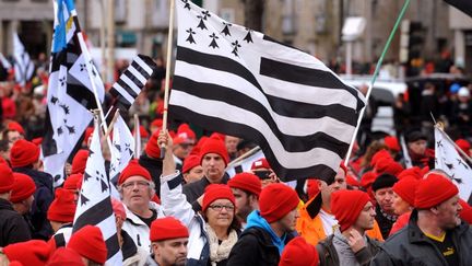 Des manifestants protestent contre l'&eacute;cotaxe, un bonnet rouge sur la t&ecirc;te, &agrave; Quimper (Finist&egrave;re), le 2 novembre 2013. (FRED TANNEAU / AFP)