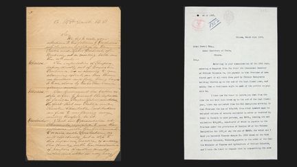 Dès la fin de la construction du Chemin de fer Canadien Pacifique en 1885, le Canada commença à prendre des mesures pour freiner l&#039;immigration chinoise.
	A gauche, lettre à M.H. Gault, député fédéral présentant une résolution condamnant l&#039;immigration chinoise en Colombie-Britannique, novembre 1886
	 
 (Gouvernement canadien)