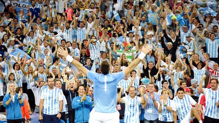 Juan Martin Del Potro célèbre la victoire avec les supporters. (- / AFP)