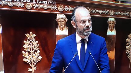 Discours du Premier ministre Edouard Philippe à l'Assemblée Nationale sur le plan de sortie du confinement et la lutte contre le Covid-19, le 28 avril 2020. (CLÉMENT LHUILLIER / FRANCE-BLEU LORRAINE NORD)