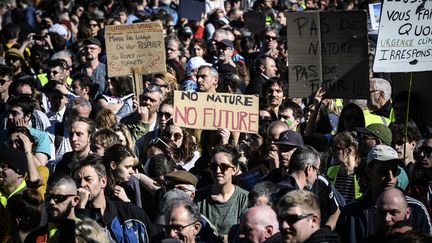 Des manifestants défilent contre le réchauffement climatique, le 16 mars 2019 à Lyon. (JEAN-PHILIPPE KSIAZEK / AFP)