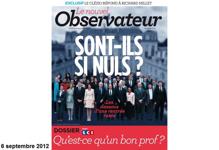 M&ecirc;me "Le Nouvel Observateur", class&eacute; &agrave; gauche, tombe dans le "Hollande bashing". "Sont-ils si nuls ?", s'interroge l'hebdomadaire &agrave; propos du chef de l'Etat et du gouvernement. (LE NOUVEL OBSERVATEUR)