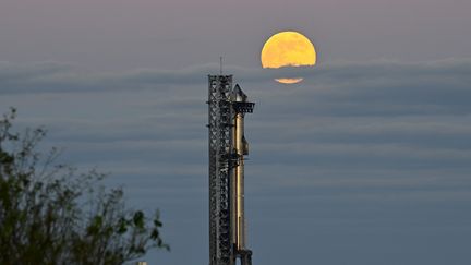 Sur la base spatiale de Boca Chica, au Texas (Etats-Unis), la "super Lune" du 15 novembre 2024 croise une fusée de la société SpaceX. (JOE MARINO / MAXPPP)