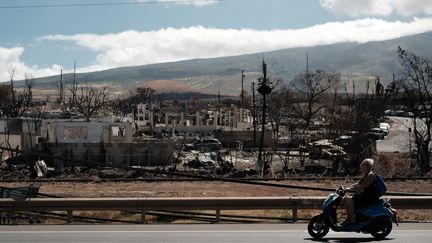 Un homme circule à scooter dans la ville de Lahaina, dévastée par les flammes, sur l'ile de Maui, à Hawaï, le 22 août 2023. (HIROTO SEKIGUCHI / YOMIURI / AFP)