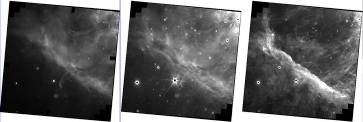 Planche de trois images de la nébuleuse d'Orion, prise avec l'instrument NIRCam.&nbsp;La première correpond au filtre f187n, la seconde au filtre f277w et la troisième au filtre f335m. (NASA / ESA / CSA / PDRS4ALL TEAM / AMELIE CANIN)