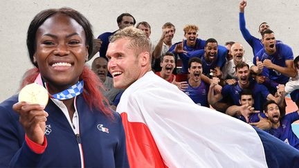 Clarisse Agbégnénou, Kevin Mayer et l'équipe de France masculine de volley célèbrent leurs succès&nbsp;aux Jeux olympiques de Tokyo, au Japon. (JESSICA KOMGUEN / FRANCEINFO)