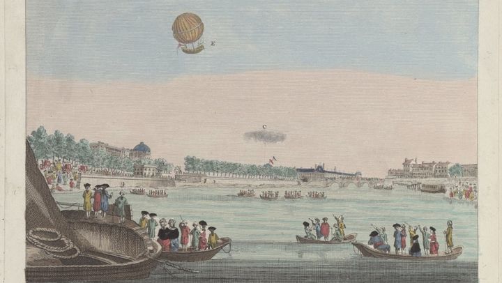 Gravure représentant un vol de montgolfière, au-dessus du jardin des Tuileries, le 1er décembre 1783. (GALLICA)