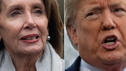 A gauche,&nbsp;Nancy Pelosi, leader démocrate du Congrès. A droite, Donald Trump, président des Etats-Unis. (SAUL LOEB / AFP)