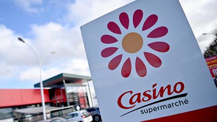 The sign of the Casino supermarket in Saint-Etienne Ratarieux.  (REMY PERRIN / MAXPPP)