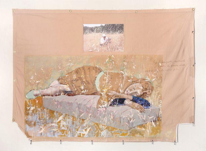 Jean LE GAC, La sieste, 2016, technique mixte, texte et photographie sur toile, 160 x 200 cm
 (Art Absolument)