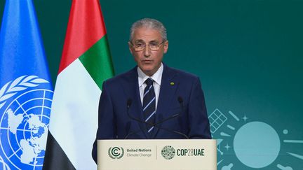 Le ministre de l'Ecologie et des Ressources naturelles d'Azerbaïdjan, Mukhtar Babayev, le 9 décembre 2023 lors de la COP28 aux Emirats arabes unis. (AFP PHOTO / UN CLIMATE CHANGE)