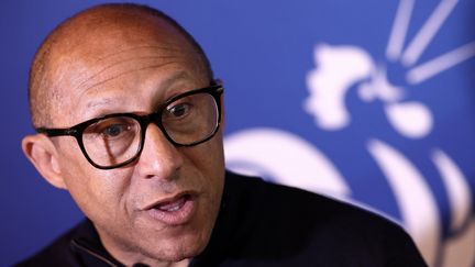 Philippe Diallo, président de la Fédération française de football, répond à des questions de journalistes, en Allemagne, le 2 juillet 2024. (FRANCK FIFE / AFP)