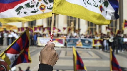 Des drapeaux tibétains lors d'une manifestation contre la répression chinoise, place du Trocadéro, à Paris, le 25 mars 2019. (KENZO TRIBOUILLARD / AFP)