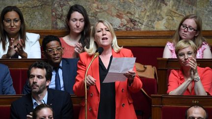 La députée LFI à l'Assemblée nationale lors interroge le gouvernement lors d'une séance de questions au gouvernement, à Paris, le 12 juillet 2022. (BERTRAND GUAY / AFP)