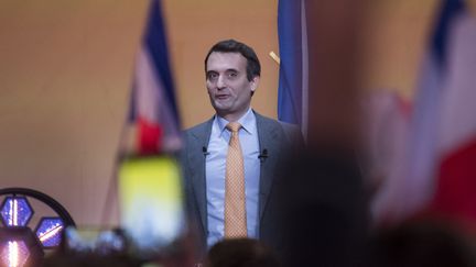 Florian Philippot lors d'un meeting des Patriotes, à Aubervilliers (Seine-Saint-Denis), le 24 octobre 2021. (MAGALI COHEN / HANS LUCAS / AFP)