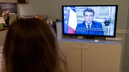 L'allocution d'Emmanuel Macron sur le coronavirus Covid-19, le 12 mars 2020.&nbsp; (RICCARDO MILANI / HANS LUCAS / AFP)