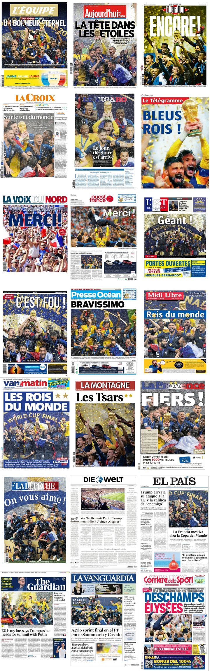 Plusieurs&nbsp;titres de la presse nationale, régionale et étrangère, le 16 juillet 2018, au lendemain de la victoire de la France en Coupe du monde.&nbsp; (CAPTURES D'ECRAN / FRANCEINFO)