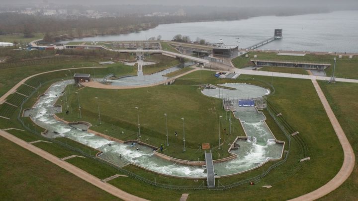 This aerial photograph taken on February 7, 2024 shows a view of the Paris 2024 Olympic site in Vaires-sur-Marne, where the kayaking and rowing events will take place.  (MARTIN BUREAU / AFP)