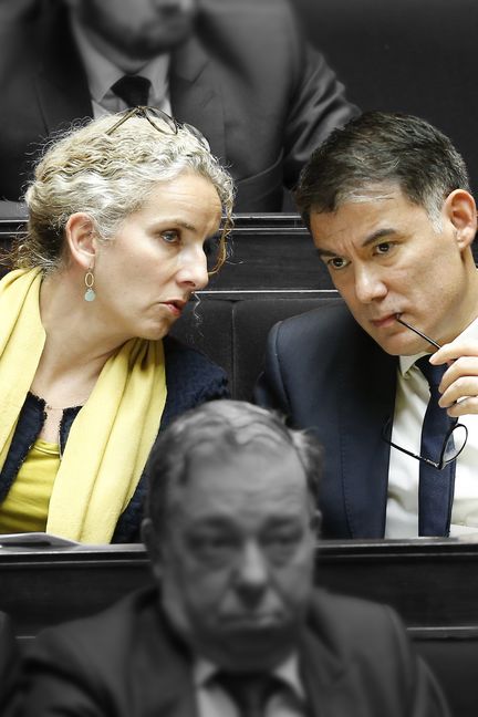 Delphine Batho (à gauche) et Olivier Faure (à droite), deux des candidats déclarés à la tête du Parti socialiste, le 19 décembre 2017 à l'Assemblée nationale. (MAXPPP)