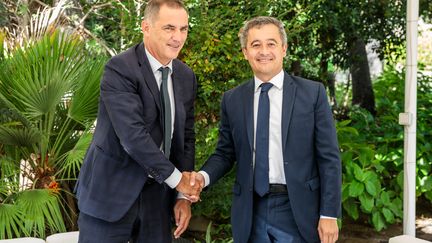 Face to face between Gérald Darmanin Minister of the Interior (right) and Gilles Siméoni president of the Executive Council of Corsica, September 14, 2023 in Ajaccio.  (FANNY HAMARD / MAXPPP)