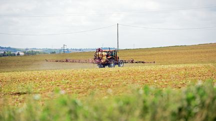 Un agriculteur traite son champ avec un pesticide, le 20 mai 2016 près de Villefranche de Lauragais, en Haute-Garonne. (REMY GABALDA / AFP)