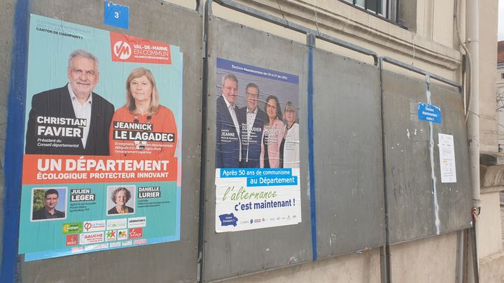 Les affiches de campagne électorales dans le canton 1 de Champigny-sur-Marne (Val-de-Marne), le 29 juin 2021.&nbsp; (CHARLES-EDOUARD AMA KOFFI / FRANCEINFO)