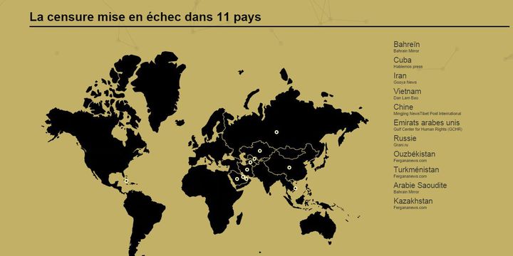 La censure mise en échec dans 11 pays par l'association Reporters sans frontières (RSF).  (Reporters sans frontières)