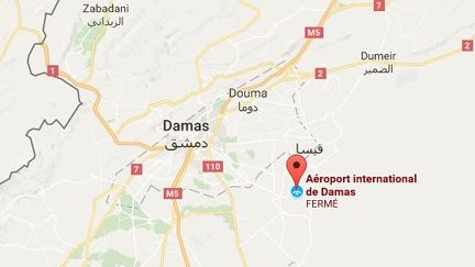 Selon l'Observatoire syrien des droits de l'Homme, "des avions israéliens ont tiré des roquettes sur un dépôt d'armes du Hezbollah près de l'aéroport" de Damas, vendredi 22 septembre 2017 à l'aube. (GOOGLE MAPS)