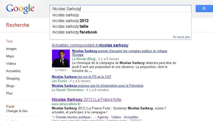 Suggestions google concernant Nicolas Sarkozy : taille et 2012. (DR)