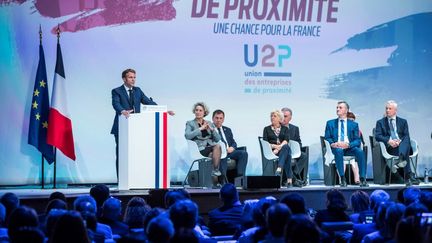 Le président de la République, Emmanuel Macron, le 16 septembre 2021 devant&nbsp;les Rencontres de l'Union des entreprises de proximité (U2P). (CHRISTOPHE PETIT TESSON / AFP)